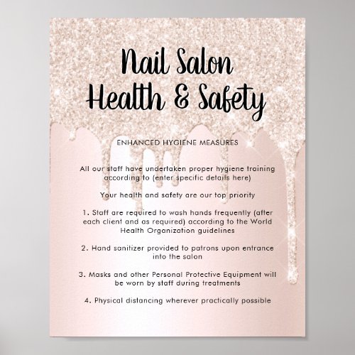 Nail Salon Health Safety Poster Pink Glitter Drip
