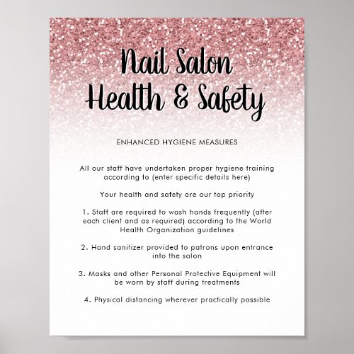 Nail Salon Health Safety Poster Rose Gold Glitter