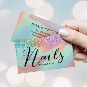 Nail Salon Holographic Glitter Drips Typography Business Card by cardfactory at Zazzle
