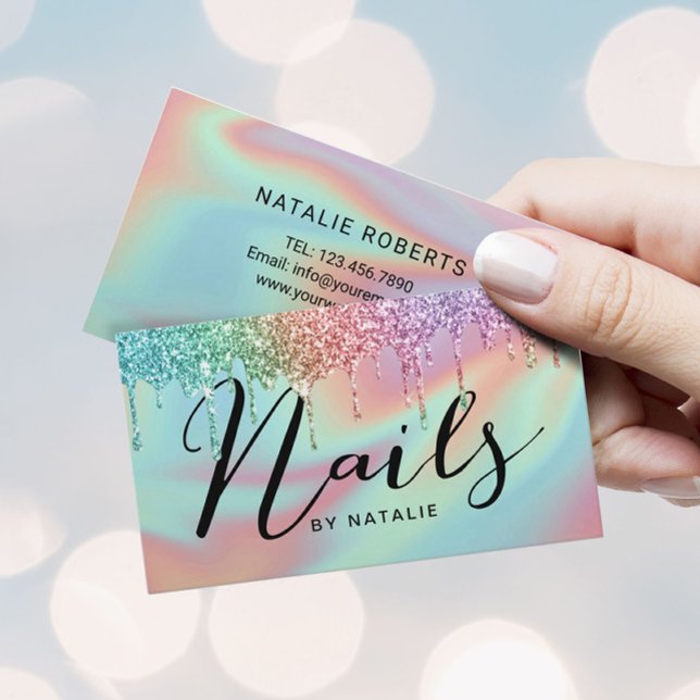 Nail Salon Holographic Glitter Drips Typography Business Card (Creator Uploaded)