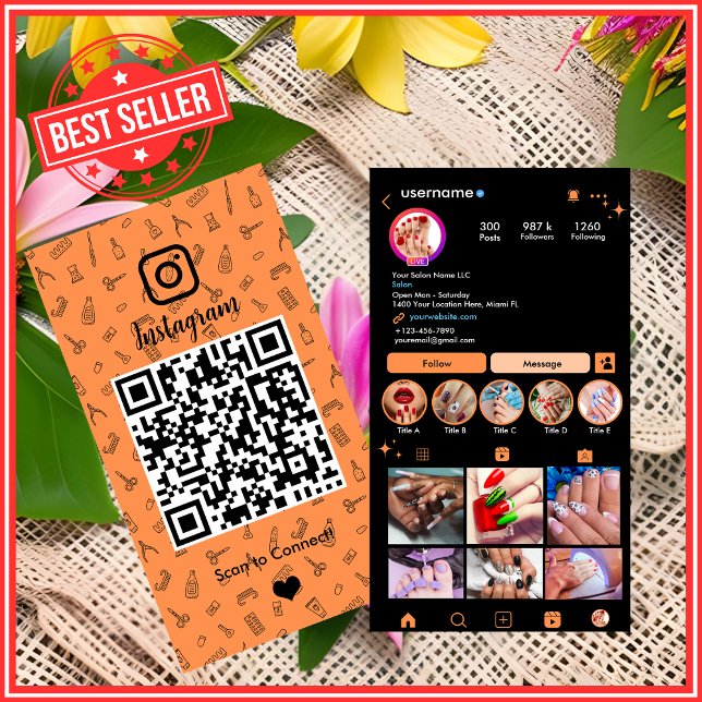 Nail Salon Instagram Orange QR Business Card (Creator Uploaded)