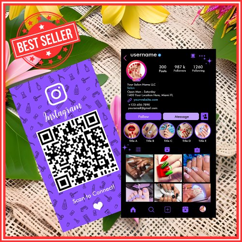 Nail Salon Instagram Purple  Social Media QR Code Business Card