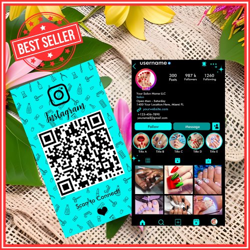 Nail Salon Instagram Turquoise  Social Media QR Business Card