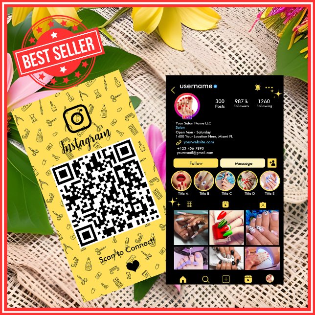 Nail Salon Instagram Yellow QR Code Business Card (Creator Uploaded)