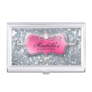 Nail Salon Leopard Glitter Monogram Modern Frame Business Card Case