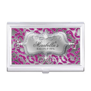 Nail Salon Leopard Glitter Monogram Modern Frame Business Card Holder