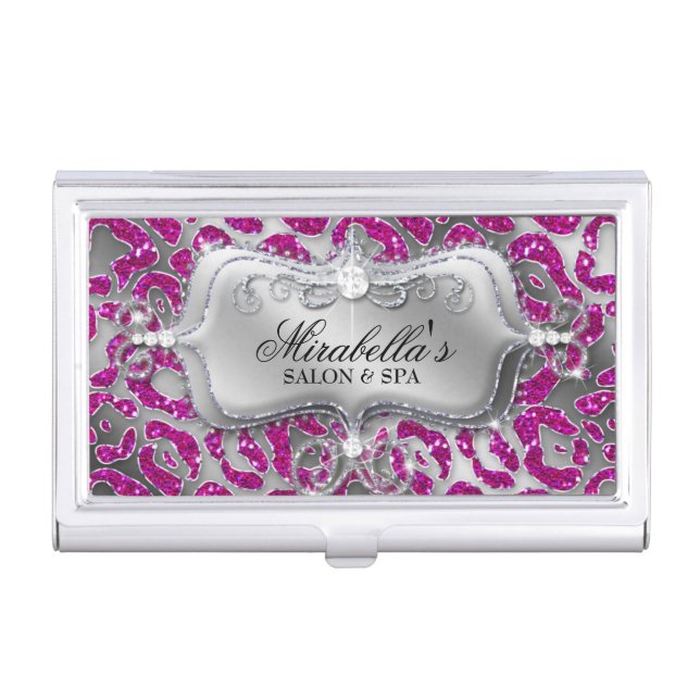 Nail Salon Leopard Glitter Monogram Modern Frame Business Card Holder (Front)