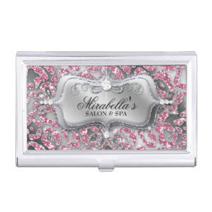 Nail Salon Leopard Glitter Monogram Modern Frame Business Card Holder
