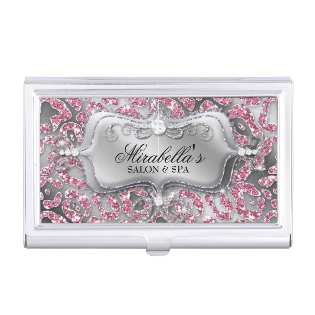 Nail Salon Leopard Glitter Monogram Modern Frame Business Card Holder (Front)