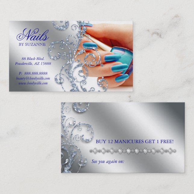 Nail Salon Loyalty Card Glitter Silver Blue Polish (Front/Back)