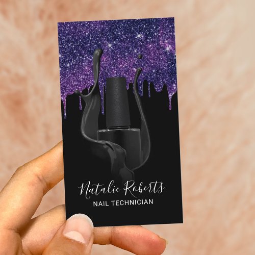 Nail Salon Manicurist Black  Purple Glitter Drips Business Card