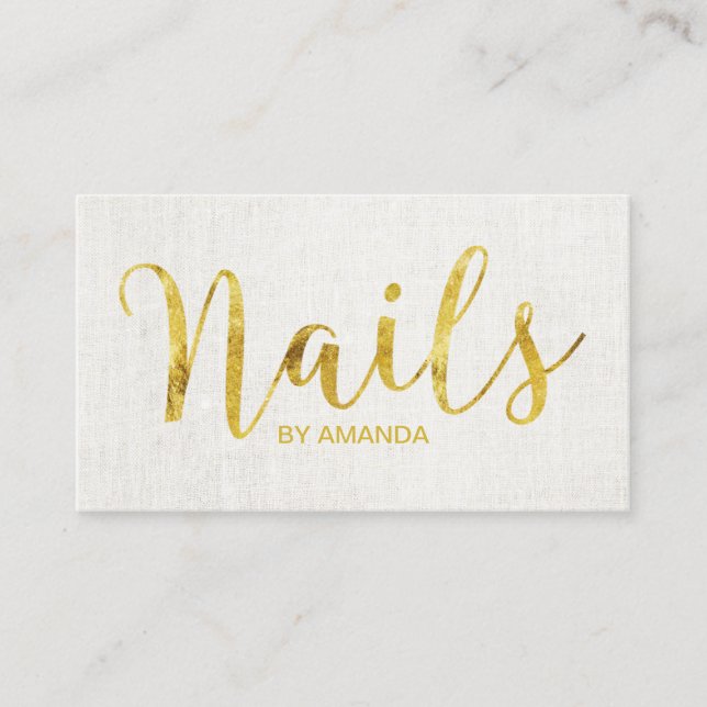 Nail Salon Manicurist Gold Script Elegant Linen Business Card (Front)