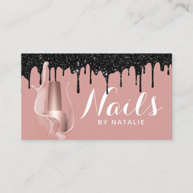 Nail Salon Modern Rose Gold Black Drips Manicurist Business Card (Front)