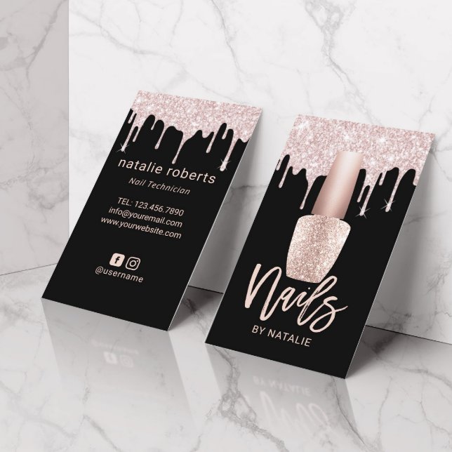 Nail Salon Modern Rose Gold Drips Nail Manicurist Business Card