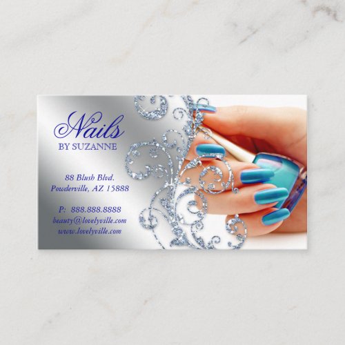 Nail Salon Business Card Glitter Blue Silver
