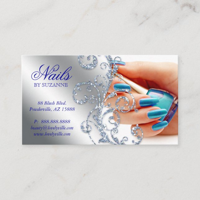 Nail Salon Modern Technician Glitter Blue Silver Business Card (Front)