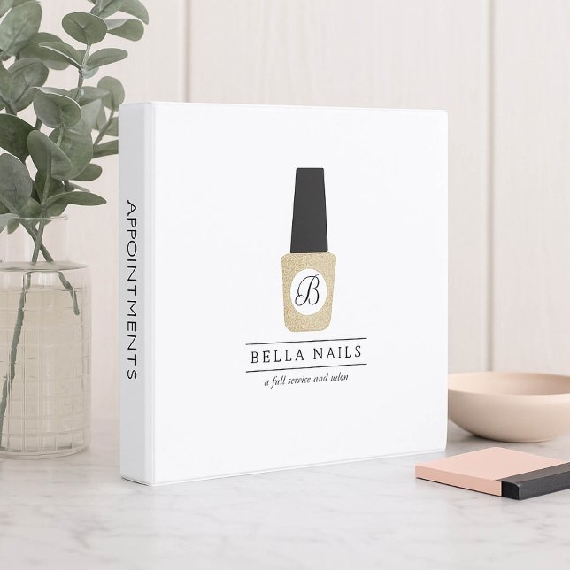 Nail Salon Monogram on Gold Glitter Nail Polish 3 Ring Binder (Creator Uploaded)