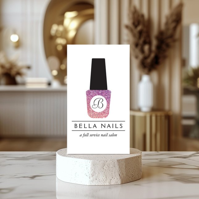 Nail Salon Monogram on Purple Glitter Nail Polish Business Card (Creator Uploaded)