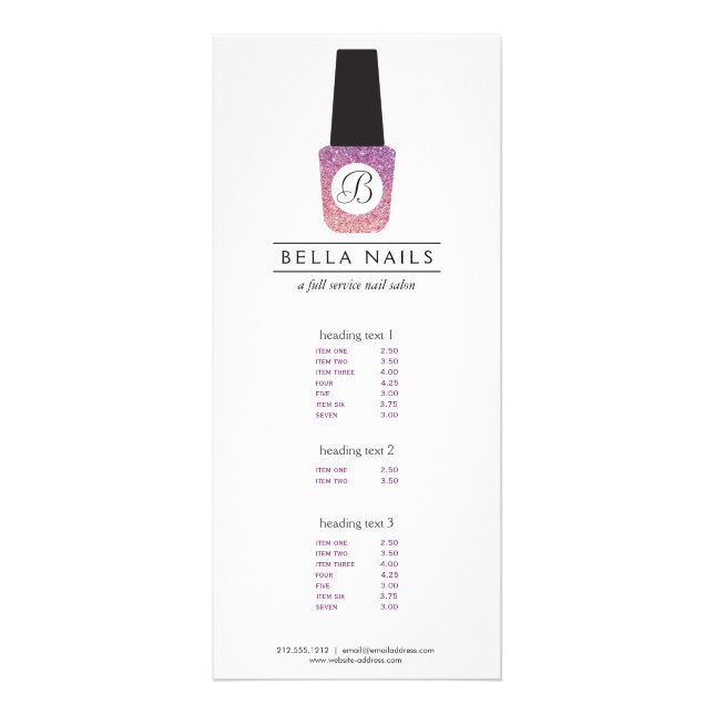 Nail Salon Monogram on Purple Glitter Nail Polish Rack Card (Front)