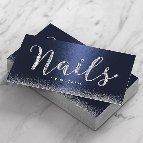 Nail Salon Navy Blue Luxury Diamond Typography Business Card
