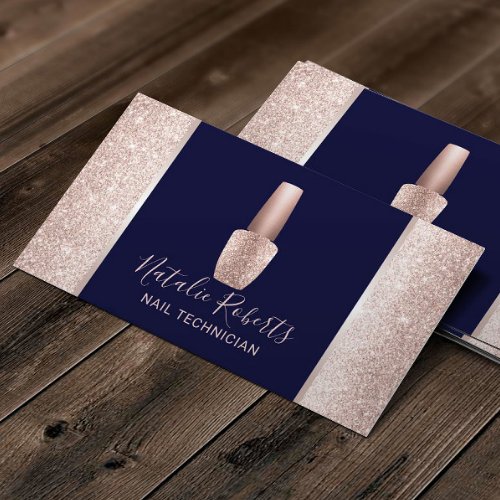 Nail Salon Navy Rose Gold Glitter Polish Manicure Business Card