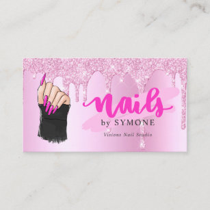 Nail Salon Pink Diamond Dripping Glitter nail Tech Business Card