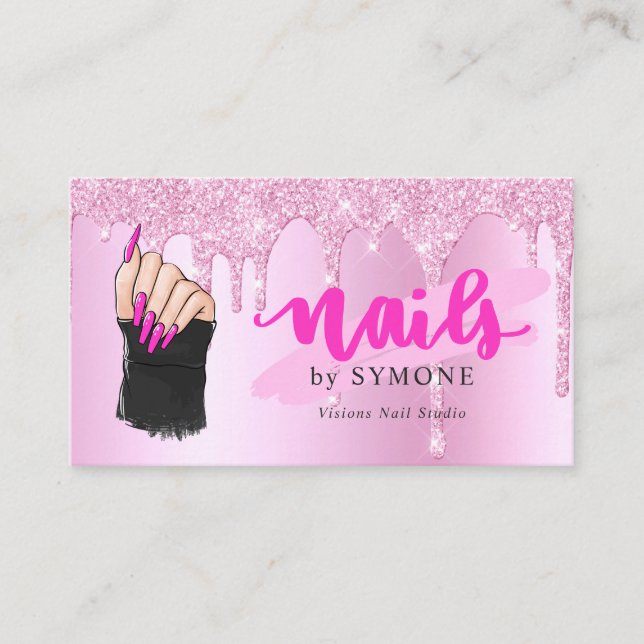Nail Salon Pink Diamond Dripping Glitter nail Tech Business Card (Front)