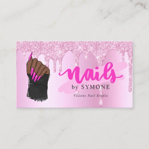 Nail Salon Pink Diamond Dripping Glitter nail Tech Business Card