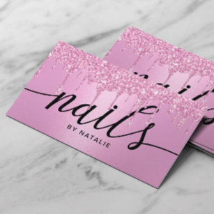 Nail Salon Pink Glitter Drips Typography Manicure Business Card