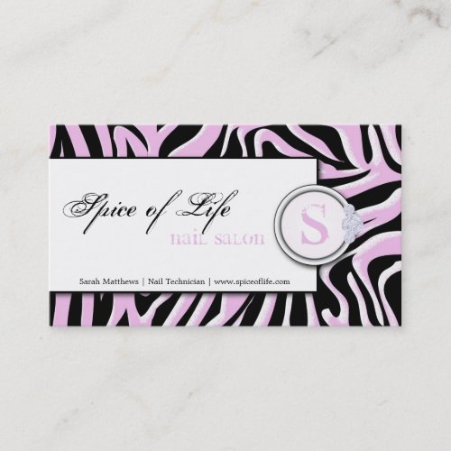 Nail Salon Pink Zebra Print Monogram Business Card