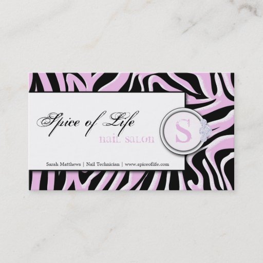 Customizable Nail Salon Pink Zebra Print Monogram Business Card