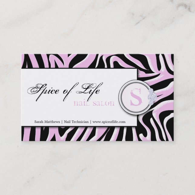 Nail Salon Pink Zebra Print Monogram Business Card (Front)