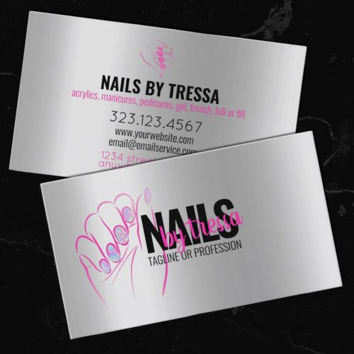 Nail Salon Platinum Iridescent  Hot Pink Glitter Business Card