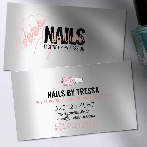 Nail Salon Platinum Rose Quartz Blush Pink Glitter Business Card