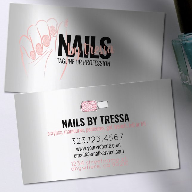 Nail Salon Platinum Rose Quartz Blush Pink Glitter Business Card (Creator Uploaded)