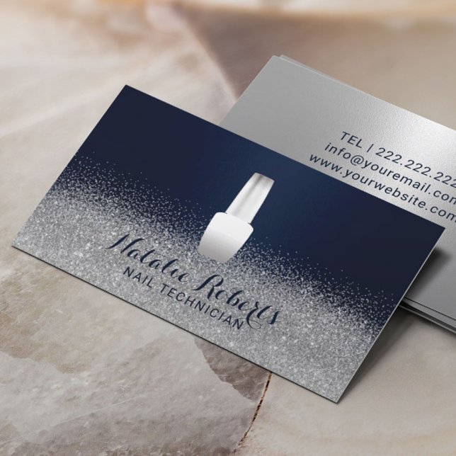 Nail Salon Polish Manicurist Navy & Silver Glitter Business Card (Creator Uploaded)