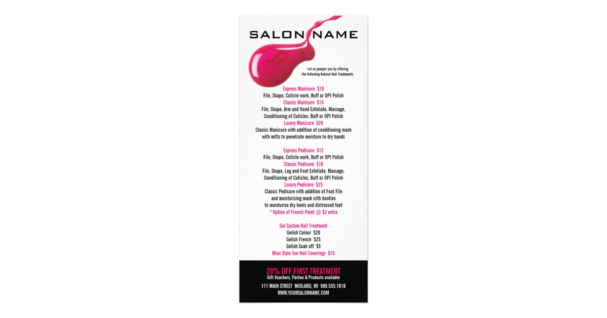 Nail Salon Price List Rack Cards Zazzle