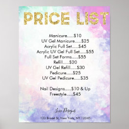 Nail Salon Price List Watercolor, Gold Glitter Pos Poster