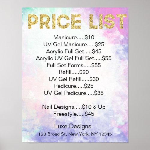 Nail Salon Price List Watercolor Gold Glitter Poster