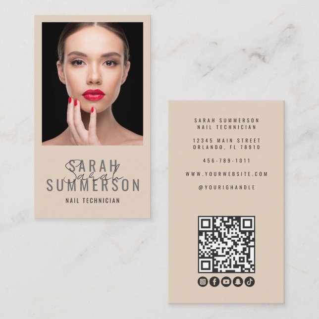 Nail Salon QR Code Photo Script Beige Business Card (Front/Back)