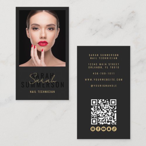 Nail Salon QR Code Photo Script Beige Business Card