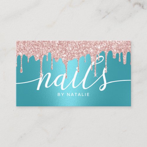 Nail Salon Rose Gold Drips Turquoise Typography Business Card