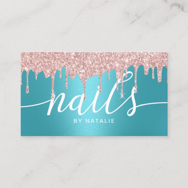 Nail Salon Rose Gold Drips Turquoise Typography Business Card (Front)