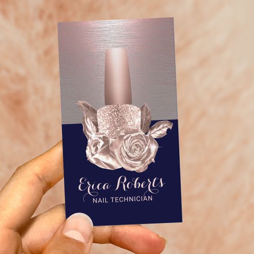 Nail Salon Rose Gold Floral Bottle Navy Manicurist Business Card