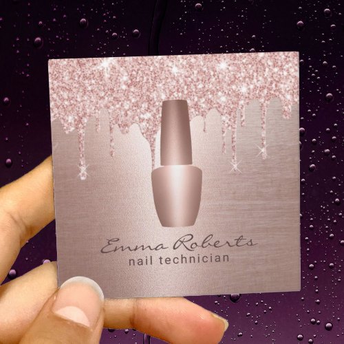Nail Salon Rose Gold Glitter Drips Makeup Artist Square Business Card