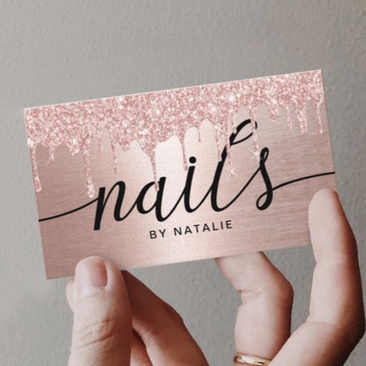 Customizable Nail Salon Rose Gold Glitter Drips Typography Business Card
