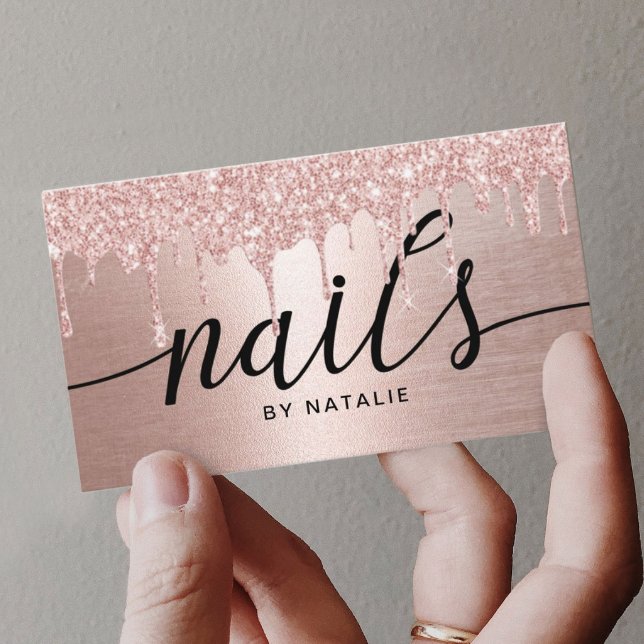 Nail Salon Rose Gold Glitter Drips Typography Business Card