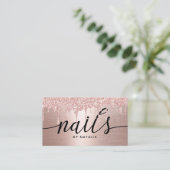 Nail Salon Rose Gold Glitter Drips Typography Business Card (Standing Front)
