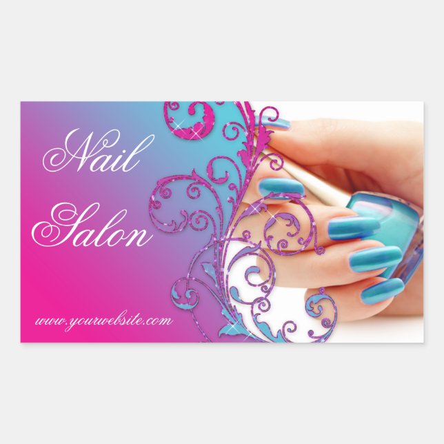 Nail Salon Technician Floral Damask Pink Blue  Rectangular Sticker (Front)