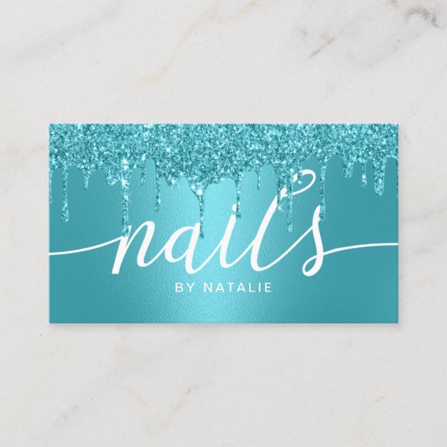 Nail Salon Turquoise Glitter Drips Manicurist Business Card (Front)